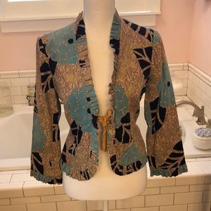 Orille by Anthropologie Turquoise black tan feminine ruffle trim jacket Size 10
